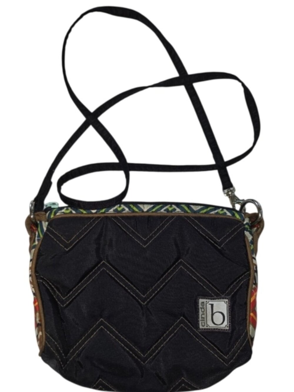 cinda b Quilted Crossbody Bag Ravinia Black Geometric Print Lining Chevron